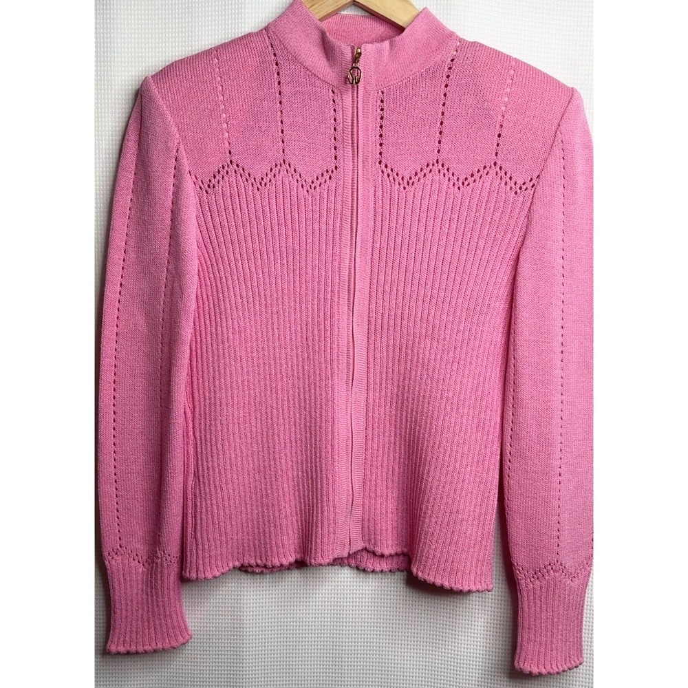 Vintage Luxury St John Sport Pink Wool Knit Full Zip Cardigan Sweater Medium
